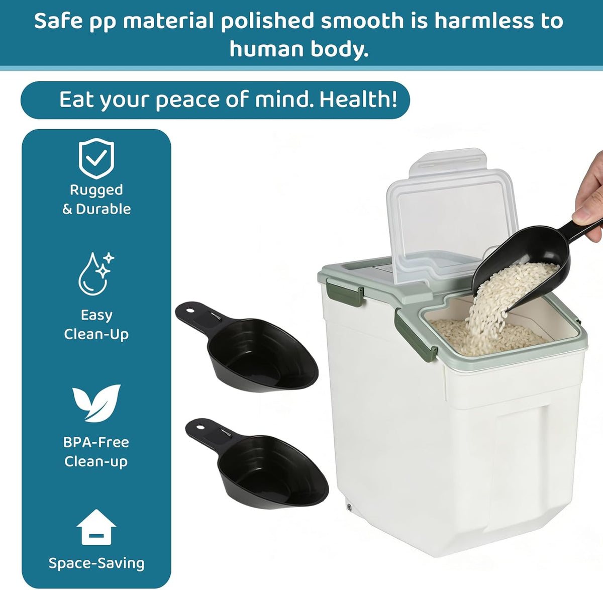 Rice Storage Container 25 lbs, Grey, 2 Pack | Airtight, with Wheels, Locking Lid, Measuring Cup Included, for Flour Sugar Grain Cereal