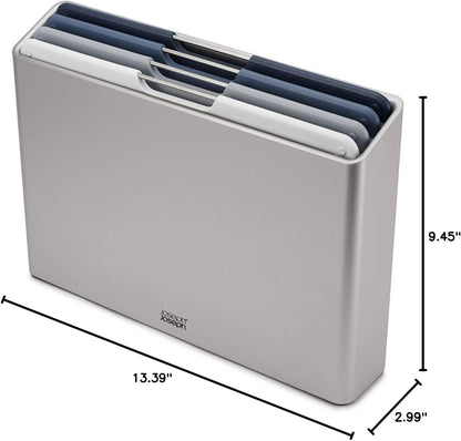 Joseph Joseph Folio 4-Piece Colour coded Cutting Board Set, Slimline case for organized Kitchen storage, Graphite