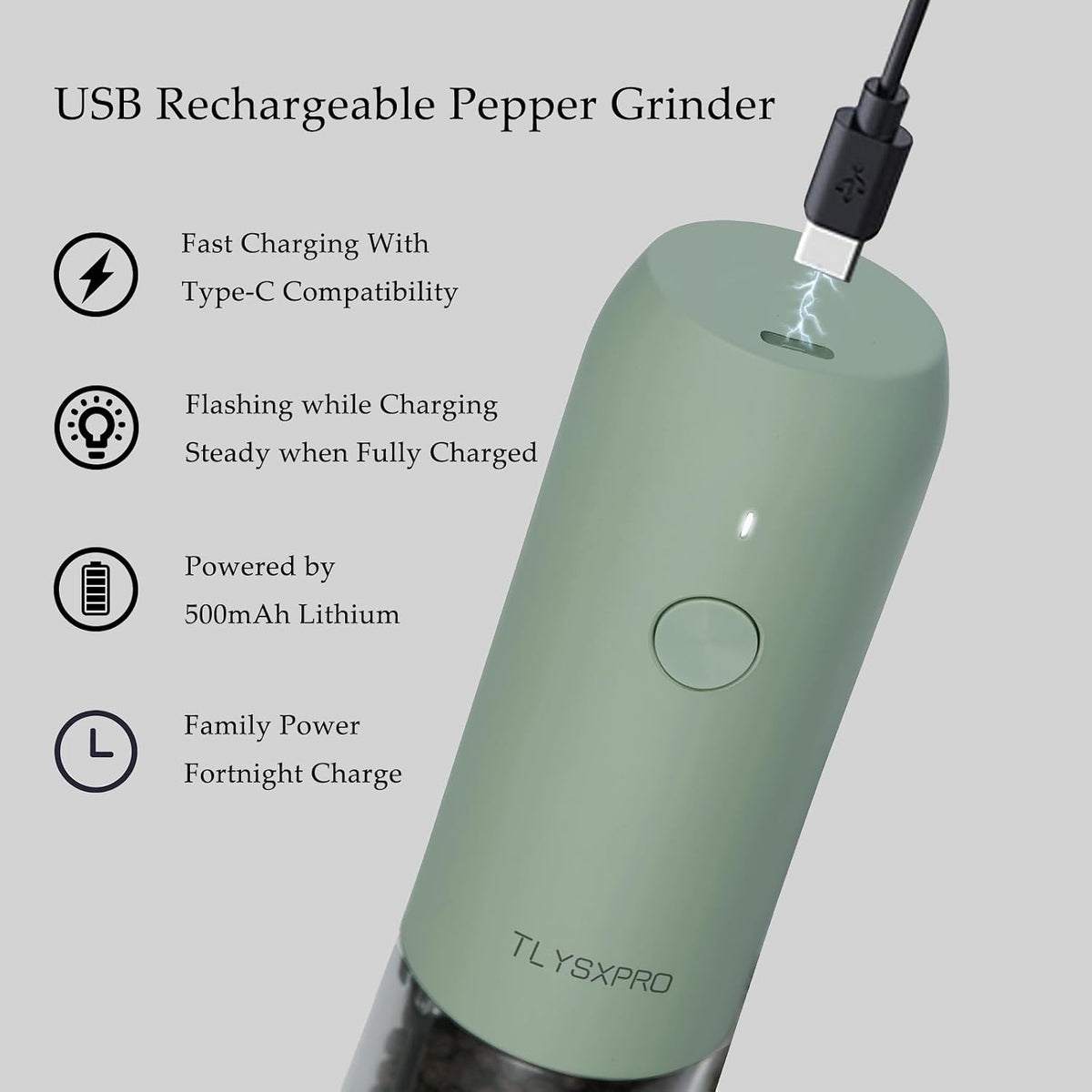 Electric Salt and Pepper Grinder, USB Rechargeable, Automatic Salt and Pepper Shaker, Adjustable Coarseness, Electric Pepper Mill, LED Light, Refillable, Kitchen Gadget (1-Pack, Stainless Steel)