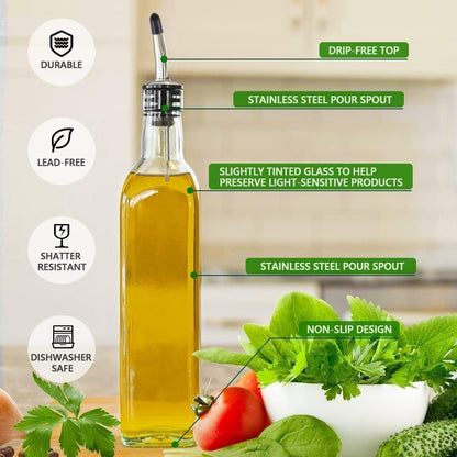 Leaflai Olive Oil Dispenser Bottle, Glass Olive Oil Dispenser and Vinegar Dispenser Set with Stainless Steel Pourers, 4 Labels,1 Brush and 1 Funnel Oil Bottles for Kitchen (500ml)