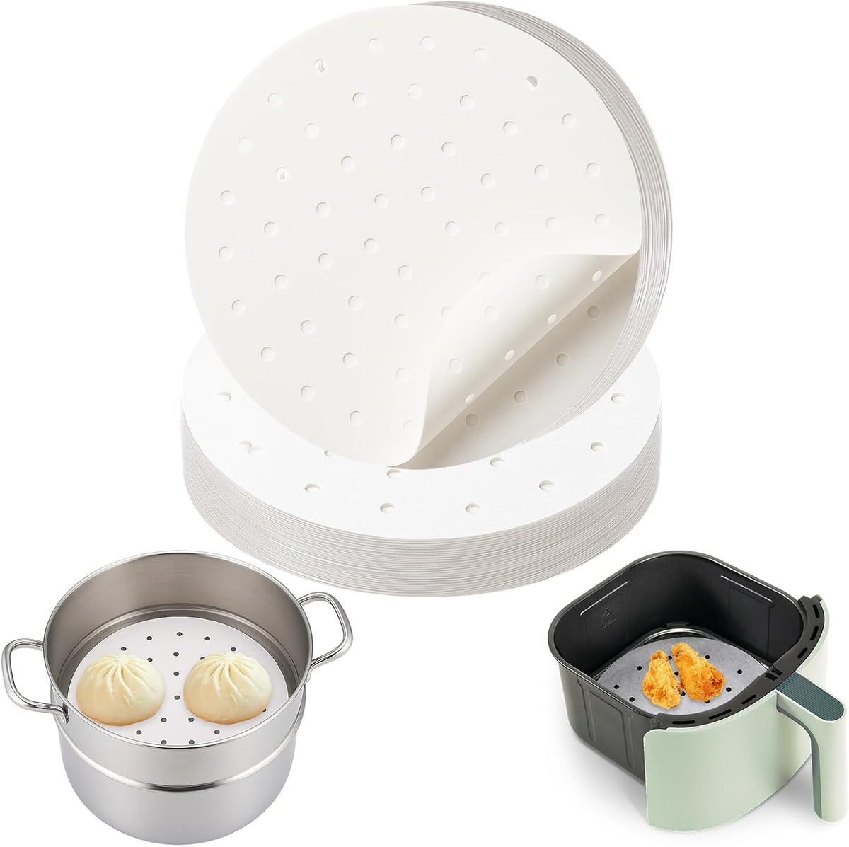 Non-Stick Bamboo Steamer Paper, 10" Round Liners with Holes for Steamer Basket, Air Fryer, Bamboo Steamers, and Oven Use