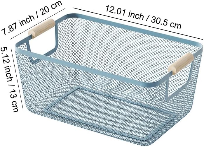 AJIODA Metal Mesh Steel Basket, Large Wire Storage Organizer Basket Multi-function Hanging Kitchen Baskets with Wood Handle for Kitchen Bathroom Picnic Home, Rectangle-Off White