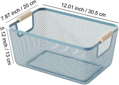 AJIODA Metal Mesh Steel Basket, Large Wire Storage Organizer Basket Multi-function Hanging Kitchen Baskets with Wood Handle for Kitchen Bathroom Picnic Home, Rectangle-Off White