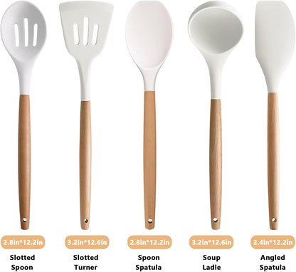 Kitchen Cooking Utensils Set, 6Pcs Silicone Kitchen Utensils Set Spatula Spoon Soup Ladle Turner, Heat Resistant Wooden Handle Silicone Cooking Gadgets for Nonstick Cookware & Baking BPA FREE