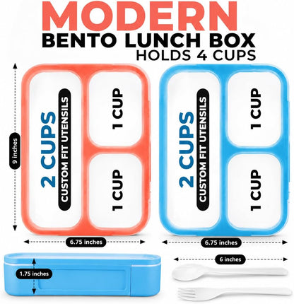kinsho Bento Lunch-Box for Adults Kids Lunches, Portion Control Container Boxes for Women Girls Boys | Leak-Proof Snack Containers, BPA-Free Utensils 5 Compartments | Blue & Green 2 Pack Set