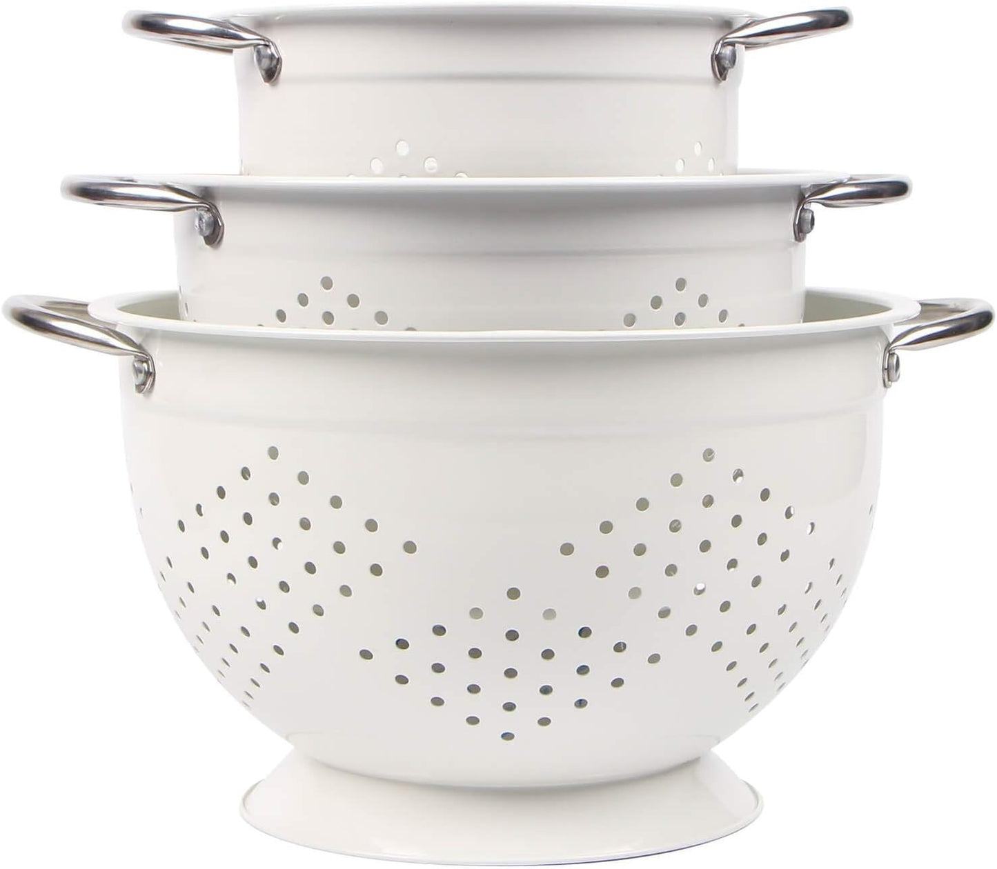 Rorence Powder Coated Steel Colanders: 1.5 Quart 3 Quart & 5 Quart Set of 3 - White