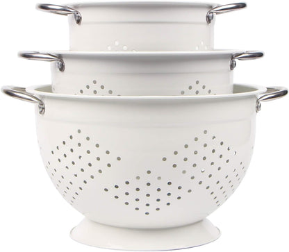 Rorence Powder Coated Steel Colanders: 1.5 Quart 3 Quart & 5 Quart Set of 3 - White