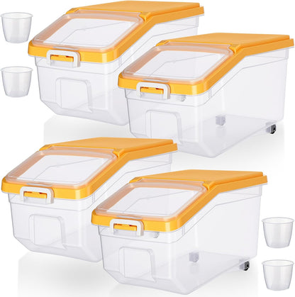 Sunnyray 4 Pcs Rice Storage Container 22 lb Airtight Flour Container with Wheels Measuring Cup Clear Pet Food Cube Dog Cat Birds Food Bin Grain Cereal Organizer Box for Dry Baking Supplies(White Lid)
