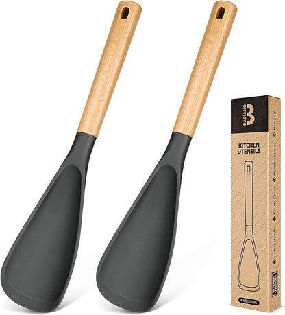 Cooking Spoon for Nonstick Cookwares, Great for Cooking and Serving Sturdy BPA-Free Matte Silicone, Wood Handle Spoon for Mixing, Scoop, and Scrape (Black & Grey, 11.4 inch)