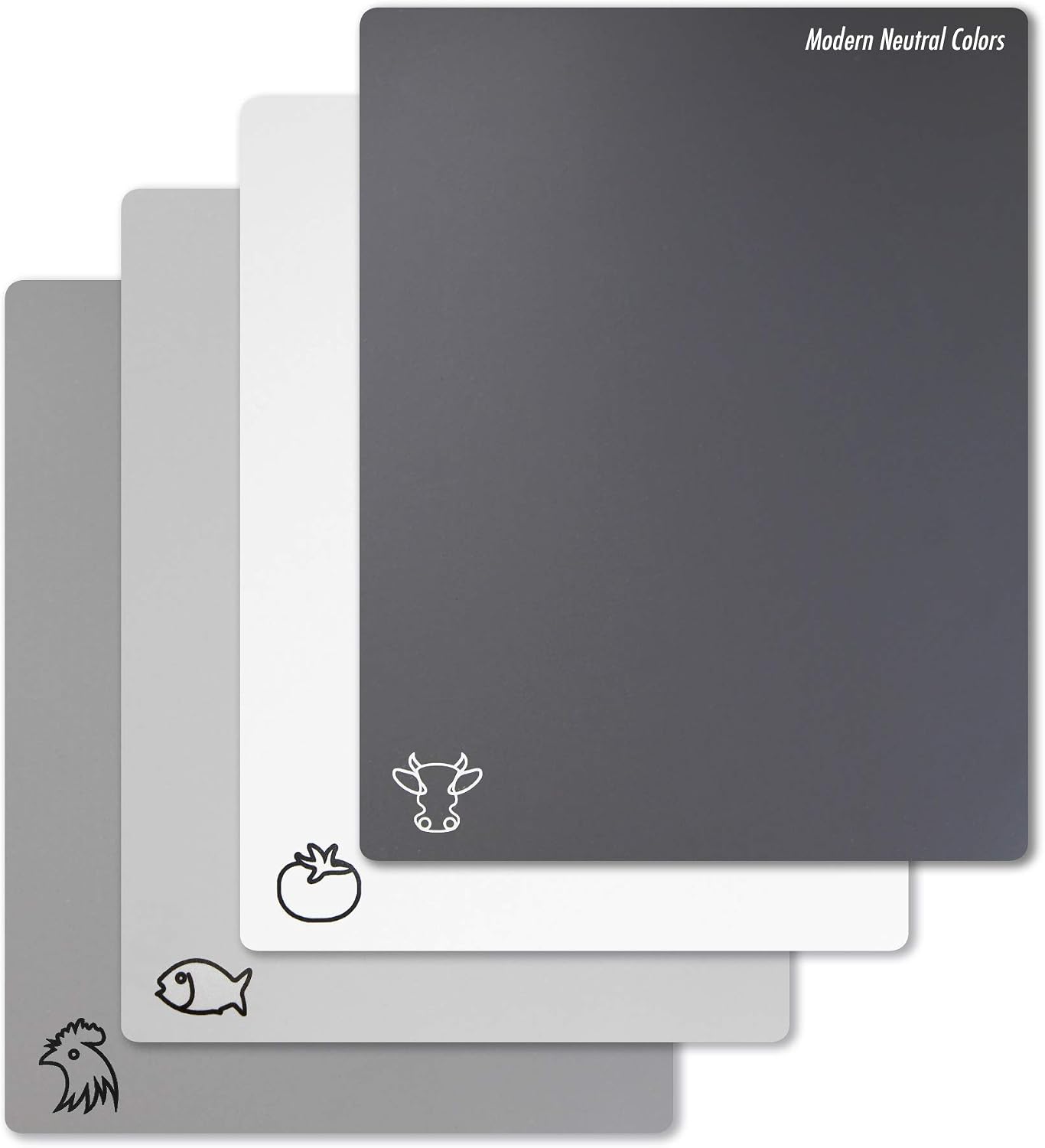 Fotouzy Plastic Cutting Boards with Food Icons, Set of 4, Flexible Cutting Mats with Hole, BPA-Free, Non-Slip and Dishwasher Safe, Modern Neutral Colors