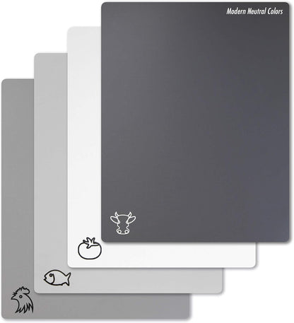 Fotouzy Plastic Cutting Boards with Food Icons, Set of 4, Flexible Cutting Mats with Hole, BPA-Free, Non-Slip and Dishwasher Safe, Modern Neutral Colors