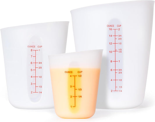 Rainspire Upgraded 3 Piece Silicone Measuring Cup Sets Squeeze & Pour Liquid Measuring Cups Flexible Chocolate Melting Cup Baking Supplies Chef Gifts