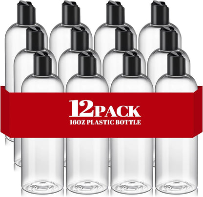3Pcs 16 oz Clear Plastic Refillable Travel Bottles with Black Disc Top Caps