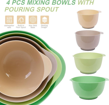 BoxedHome Nesting Plastic Mixing Bowl Set With Pour Spout, Microwave and Dishwasher Safe, BPA free Non-Slip Base, Set of 4 Size 1.7, 2.5, 3.5 and 4.5qt, Great for Prepping, Baking, Cooking (Dark Blue)