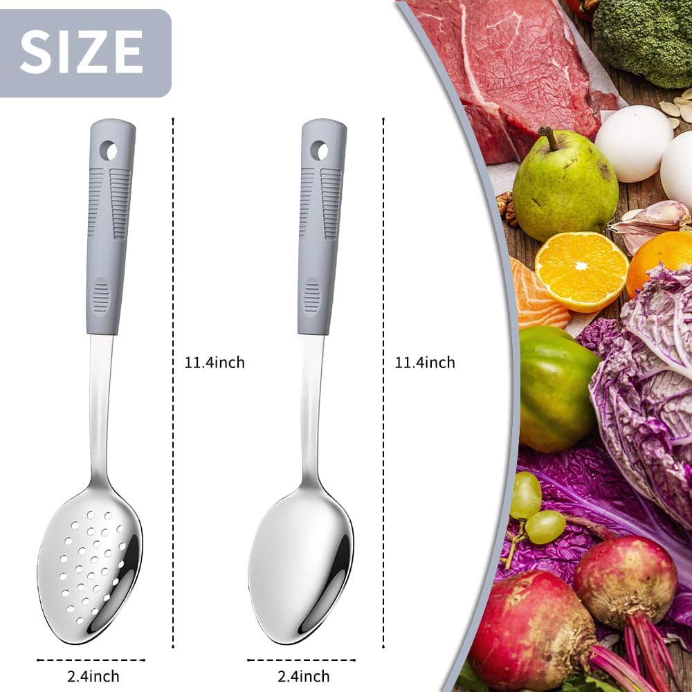 2-Piece Serving Spoons, 11-Inch, Solid & Slotted, Platinum Silicone