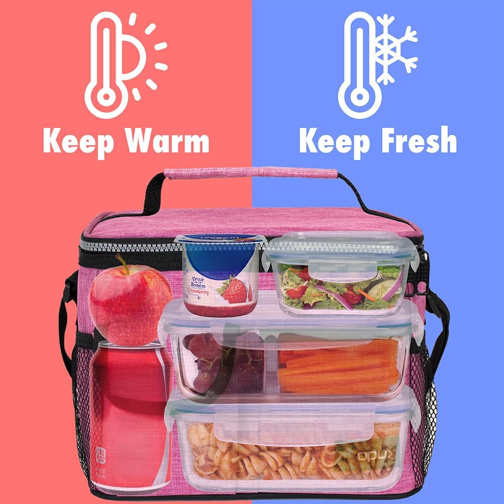 opux Insulated Lunch Bag for Men Women, Leakproof Black Lunch Box for Work, Portable Soft Lunch Cooler Bag with Shoulder Strap, Adult Lunchbox Lunch Pail for Kid Boy Girl School, 14 Can/8L