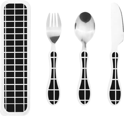 3-Piece Kids Silverware Set With Storage Case, Stainless Steel Reusable Children Safe Knife Spoon Fork Set Black And White Grid Children Flatware Set For Kids Lunch Box