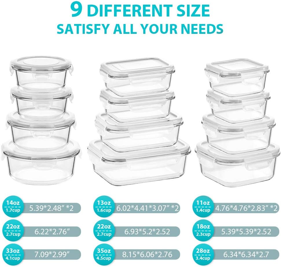 Bayco Glass Food Storage Containers with Lids, [24 Piece] Meal Prep, Airtight Bento Boxes, Leak Proof (12 lids & 12 Containers) - Blue