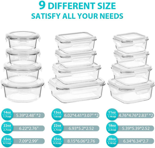 Glass Food Storage Containers with Lids, [24 Piece] Meal Prep Containers, Airtight Glass Bento Boxes, BPA Free & Leak Proof (12 lids & 12 Containers)-Grey