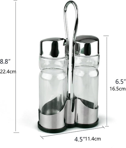 Salt and Pepper shakers, Oil and Vinegar Dispenser Set with Stainless Steel Holder (Salt & Pepper + Oil & Vinegar)