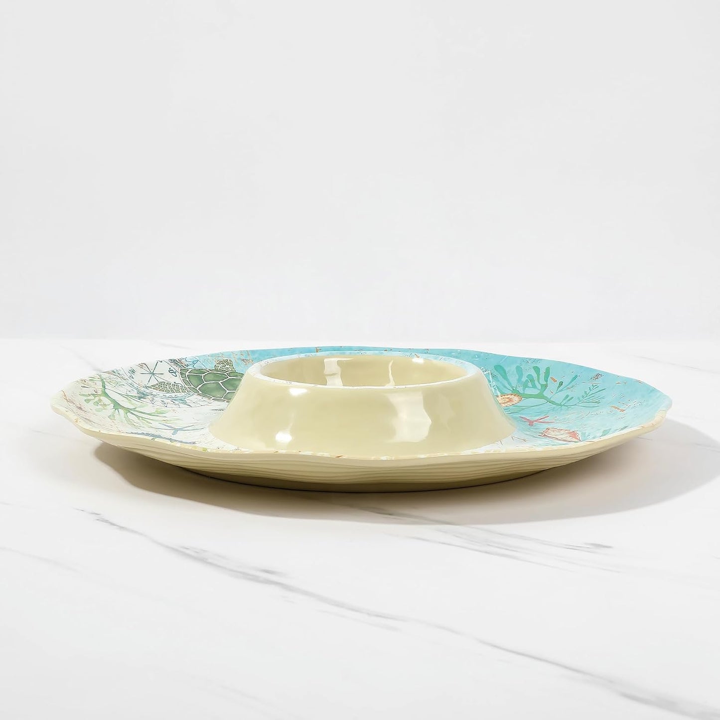 UP Sea Life Melamine Chip and Dip Serving Tray, Round Serving Platter for Chips, Salsa, Fruit, and Snacks, Multicolor, 13.5 Inch