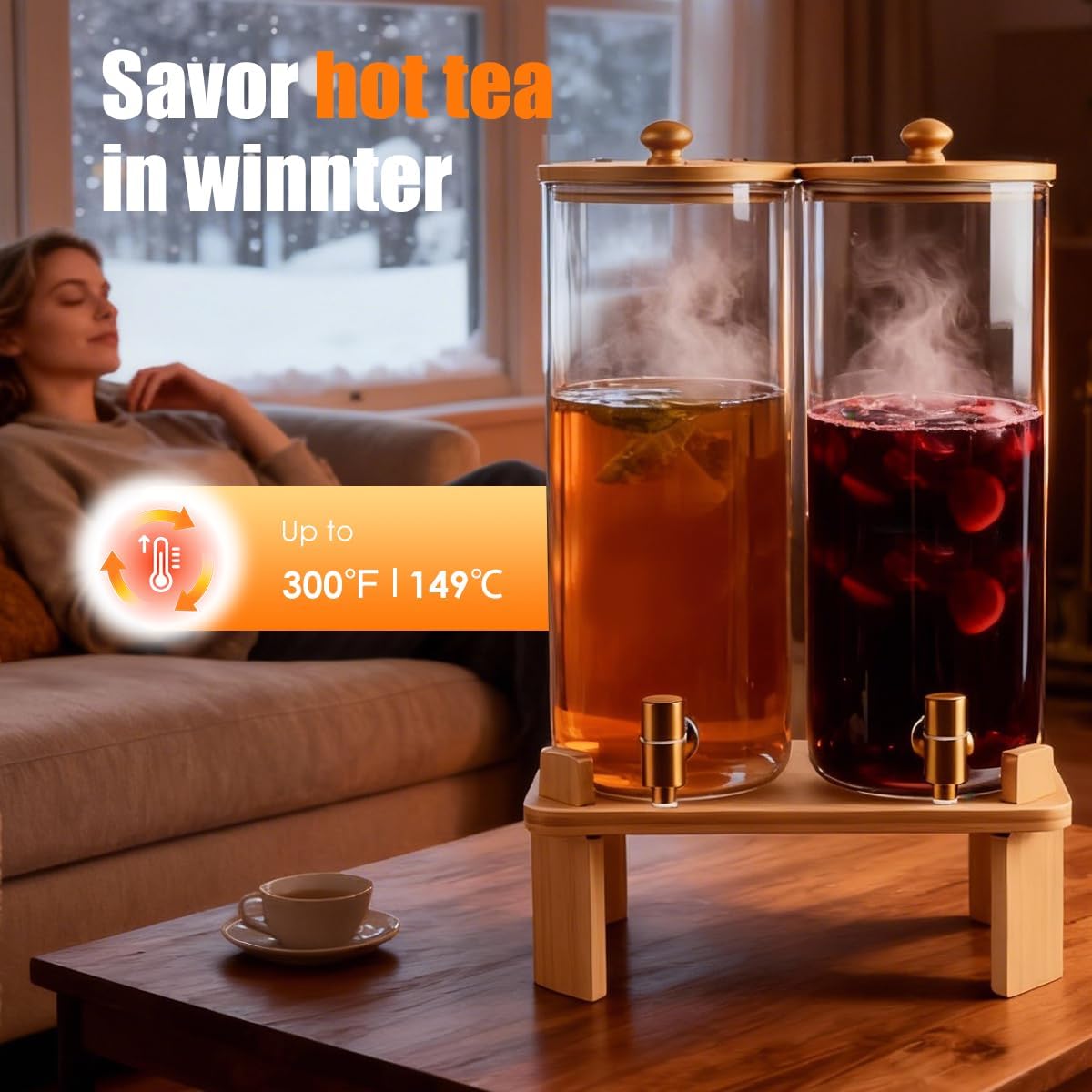 1.5 Gallon 2 Pack Glass Drink dispenser for parties,Beverage Dispenser With Wood Stand,Water Dispensers with spigot,lemonade dispenser,juice containers & water pitcher with lid