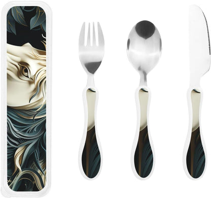 Stainless Steel Kids Silverware Set, Horse Pattern Utensil Set Reusable Children Safe Knife Spoon Fork Set With Storage Case Dishwasher Safe For Lunch, Travel Outdoors