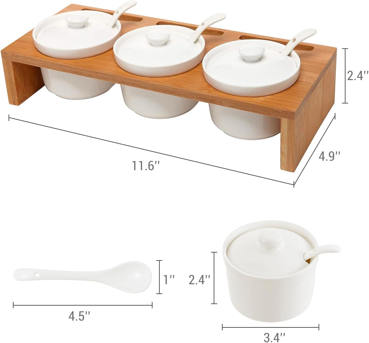 MyGift 10 Pcs Condiment Pot Serving Dish Set, Hosting Essentials, Premium Acacia Solid Wood Raised Display Server Tray and 3 Ceramic Ramekin Dip Bowls with Lids and Spoons