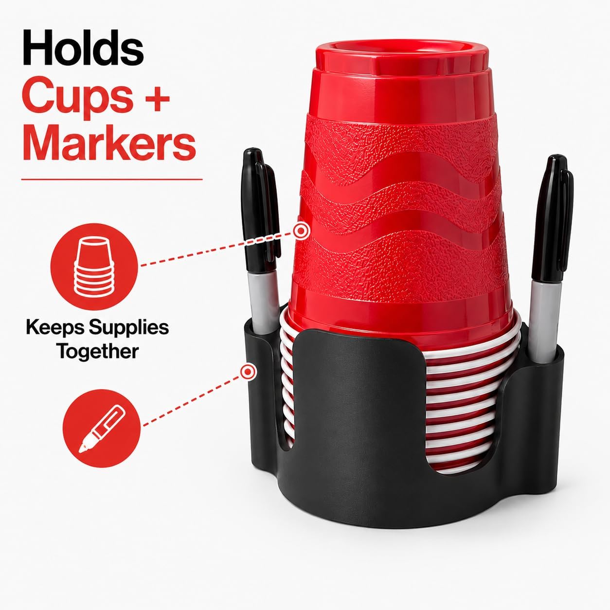 Party Cup Dispenser with Marker Holder – Stackable Plastic Cup Organizer for Parties, Events, BBQs, Picnics, Graduations & Drink Stations, Cup and Marker Caddy, Black (Red)