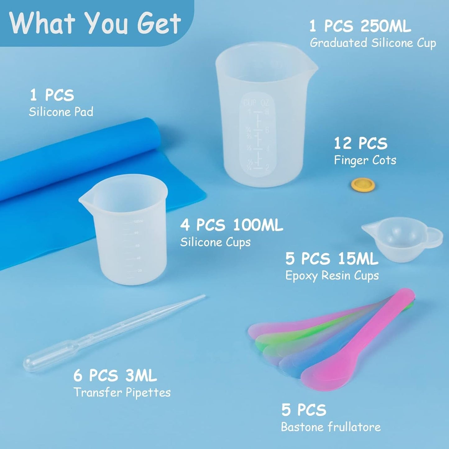 Creahaus Silicone Measuring Cups Tool Kit for Resin, Non-Stick 250 & 100ml Epoxy Mixing Cups, Reusable Resin Supplies with Silicone Mat, Stir Sticks, Pipettes, Cups for Molds, Jewelry Making