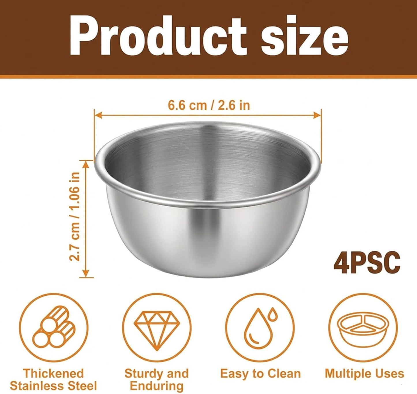 4 Pcs Small Mixing Bowls Stainless Steel Ingredient Bowls Soy Sauce Dishes Mini Prep Bowl Individual Round Seasoning Salsa Dip Bowl Reusable for Appetizer(2.36inch, 1.7oz, Silver)