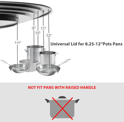 Universal Pans Pots Lid Cover Fit All 8.25 Inch to 12 Inch Pots/Pans/Woks Stainless Steel and Glass Lid with Heat Resistant Knob, Black