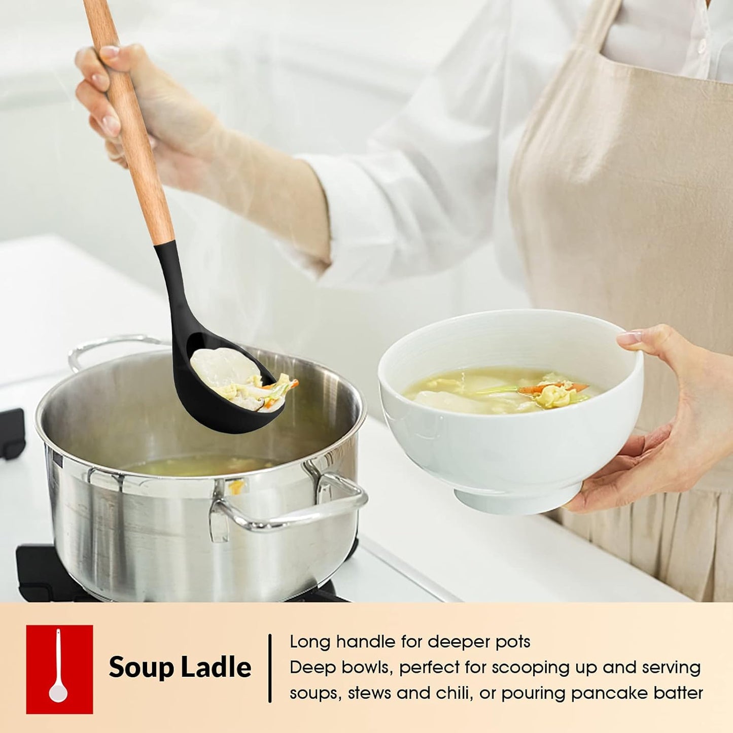 E-far Cooking Utensils Set of 6, Silicone Kitchen Utensils with Wooden Handle, Non-stick Cookware Friendly & Heat Resistant, Includes Spatula/Ladle/Slotted Turner/Serving Spoon/Spaghetti Server(Khaki)