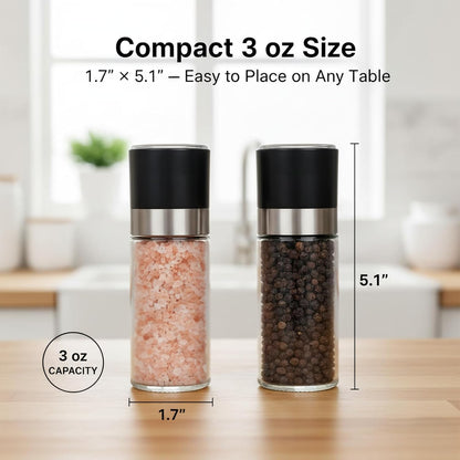 Salt and Pepper Grinder Set, 5.1 oz Refillable Glass Salt and Pepper Mills with Adjustable Ceramic Grinder, Manual Spice Grinder for Kitchen, Cooking and Dining Table (2.5" נ5.1")