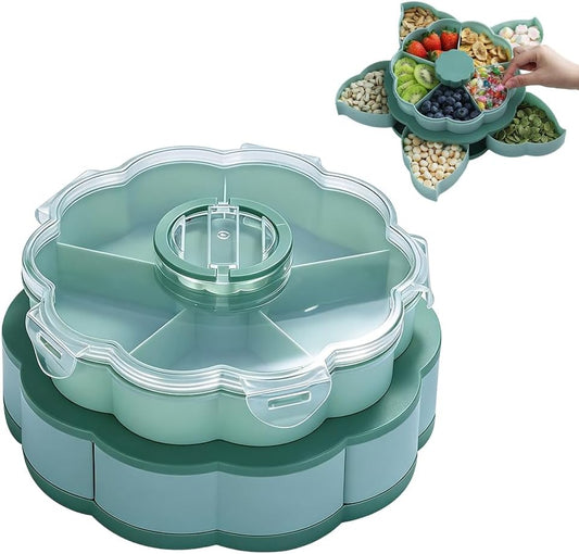 Divided Serving Tray that Spins, Rotating Snack Box Container with Lid for Snacks, Cake, Fruit, Veggie, Dips & Party Appetizers, Lazy Susan Snackle Box Container (Double Layer)