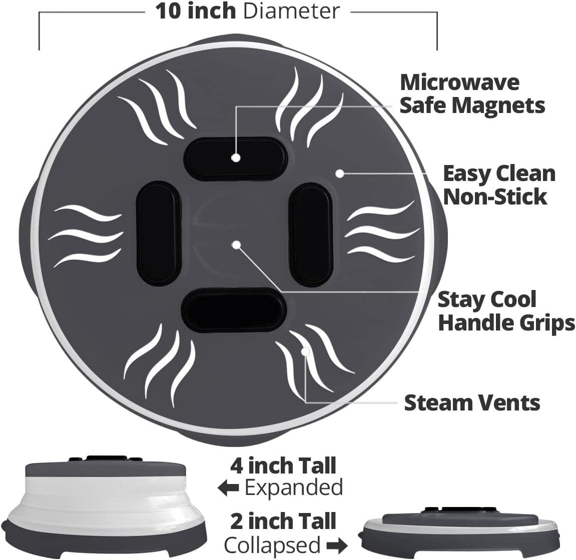 HOVER COVER Magnetic Microwave Splatter Cover - 12-Inch Collapsible - Gray