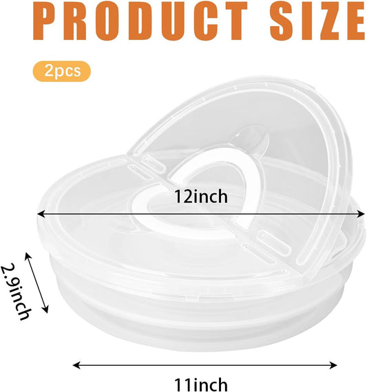 2 Pack 12 Inch 2-Compartment Food Storage Containers with Lids & Handles - Reusable Round Pie Carriers, Pizza Slice Holders for Pie, Cheesecake, Tortilla,Dumplings, Eggs