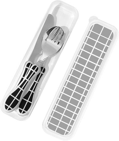 3-Piece Kids Silverware Set With Storage Case, Stainless Steel Reusable Children Safe Knife Spoon Fork Set Black And White Grid Children Flatware Set For Kids Lunch Box