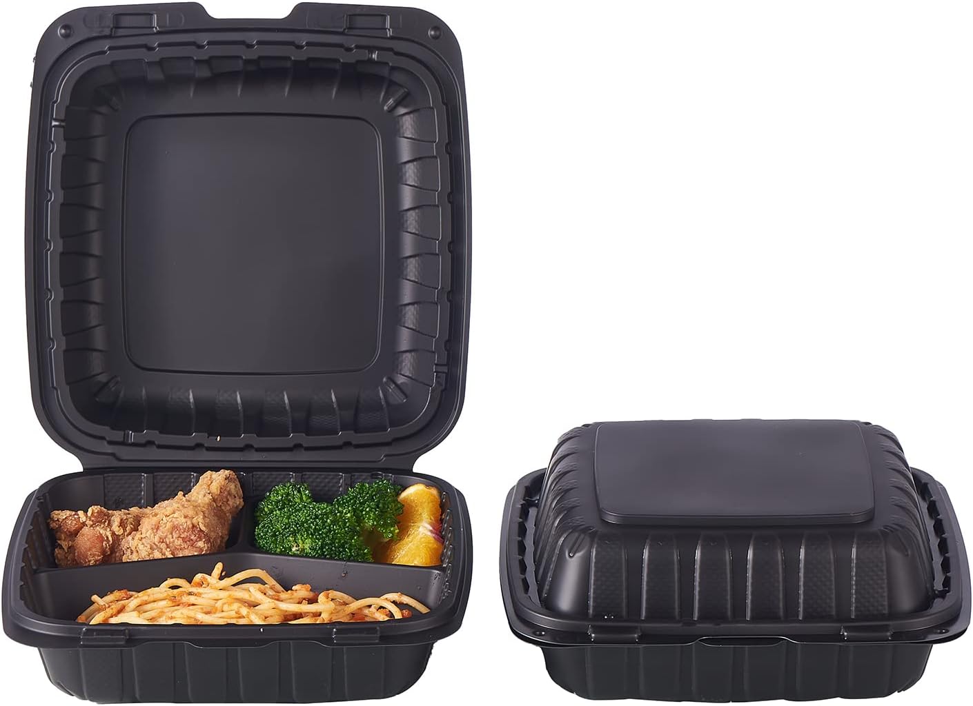 FULING [8x8-Inch, 50 Pieces, 3-Compartment Disposable To Go Box Containers, Plastic Clamshell Takeout Food Trays, Microwave Safe, Cut Resistantstable Hinged Lid, Hybrid Polypropylene, White