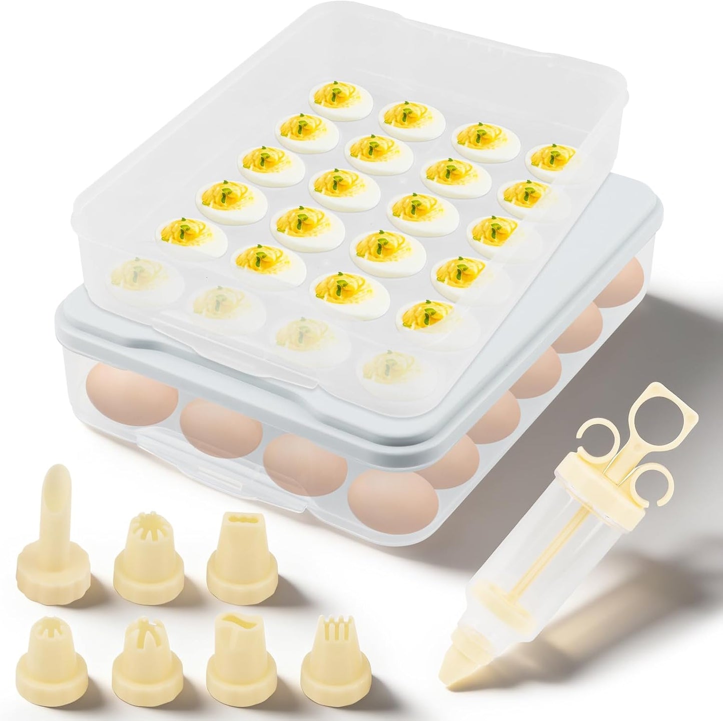 Deviled Egg Containers Set of 2, 48 Count Total 12×8.86×4.92inch Egg Storage Trays with Lid & Handle, Stackable Carrier with Piping Bottle for Party Picnic