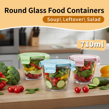 Small Round Glass Food Storage Containers with Lids, 1.5 Cup Round Food Containers set BPA-Free, 12oz Glass Lunch Bowls for Soup Leftover, Microwave, Dishwasher and Freezer Safe (4pack)