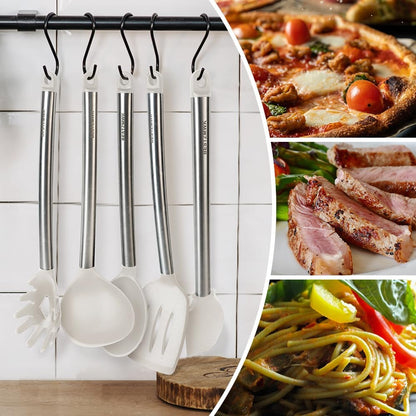 Kitchen Utensil Set-Silicone Cooking Utensils-33 Kitchen Gadgets & Spoons for Nonstick Cookware-Silicone and Stainless Steel Spatula Set-Best Kitchen Tools, Useful Pots (Khaki)