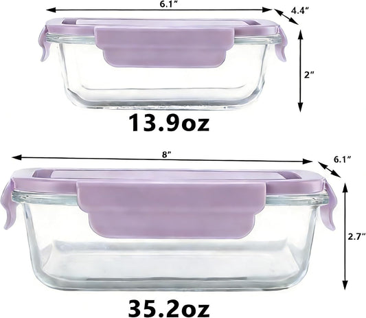 Glass Food Storage Containers with Lids, Airtight Meal Prep Containers, 4 Pack Set with Multiple Sizes (Purple)