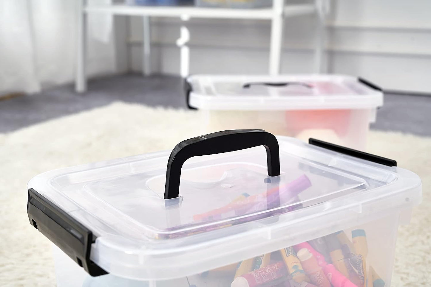 Plastic Storage Bins with Lids, 2 Pack Mixed Sizes (7 Qt, 16 Qt) Clear Black with Lid Stackable Organizer Boxes with Latches for Closet, Pantry, Bathroom, Office
