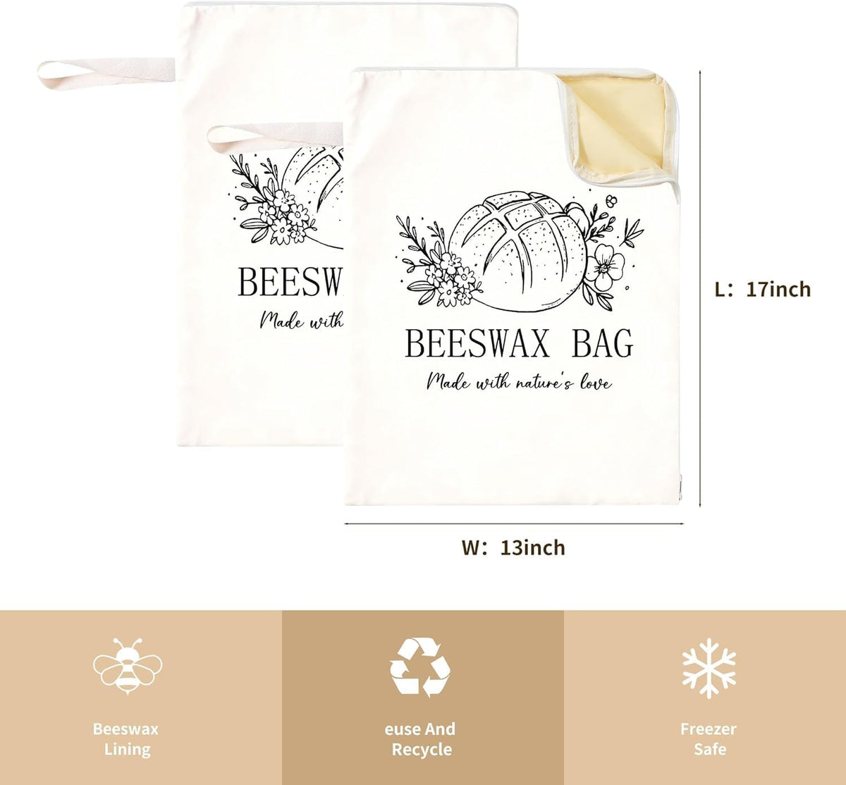 Wide Zipper Access Cotton &Beeswax Bags for Homemade Bread 2 Pack XL Reusable Beeswax Bread Bags for Homemade Bread Freezer Organic Cotton Food Storage Bags to Keep Fresh
