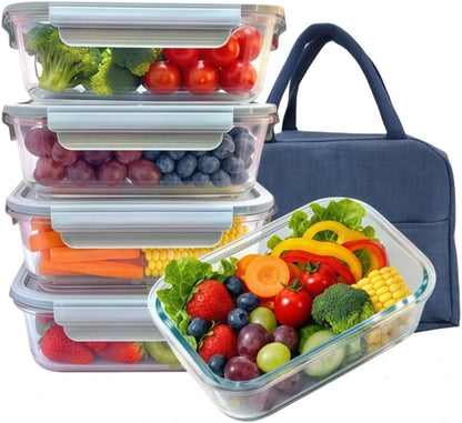5Pack (32oz-3 Compartments with Lunch Bag) Glass Food Storage Containers with Lids for Kitchen Meal Prep, Fridge Organization, Lunch Box