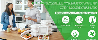 50Pack 8" X 8" 3-Compartment Clamshell To Go Food Containers With Secure Snap Lids - Heavy Duty Take out Containers Disposable To Go Plate For Carryout Meal Prep Catering (Black 3-Compartment)