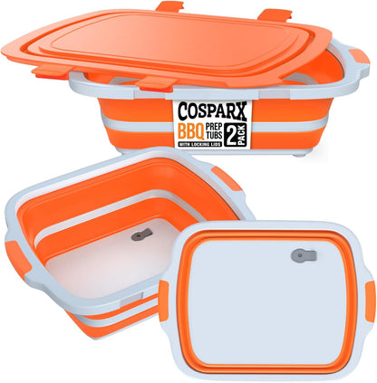 2-Pack XL Collapsible BBQ Prep Tub with Built-In Cutting Board, Lid & Strainer – Marinate, Drain & Prep – Large Food-Safe Container – Perfect for Grilling, Smoking & Outdoor Cooking