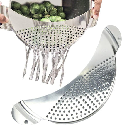 Half‑Moon Stainless Steel Pan Strainer, Pot Drainer for Cookware
