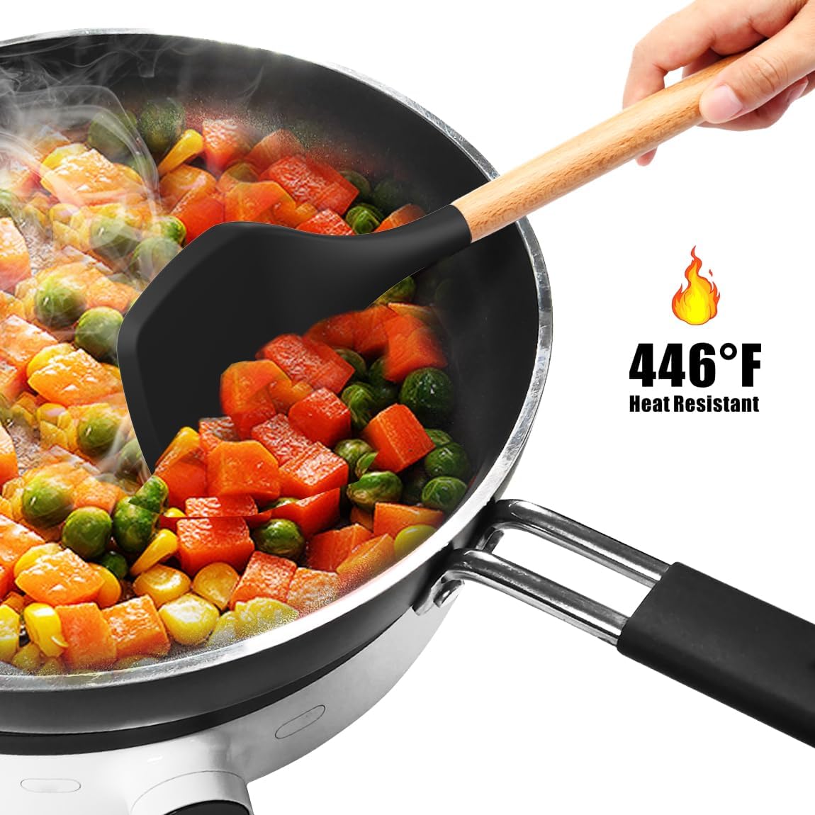 oannao Silicone Cooking Utensils Set - 446°F Heat Resistant Silicone Kitchen Utensils for Cooking,Kitchen Utensil Spatula Set w Wooden Handles, BPA FREE Gadgets for Non-Stick Cookware (Khaki)